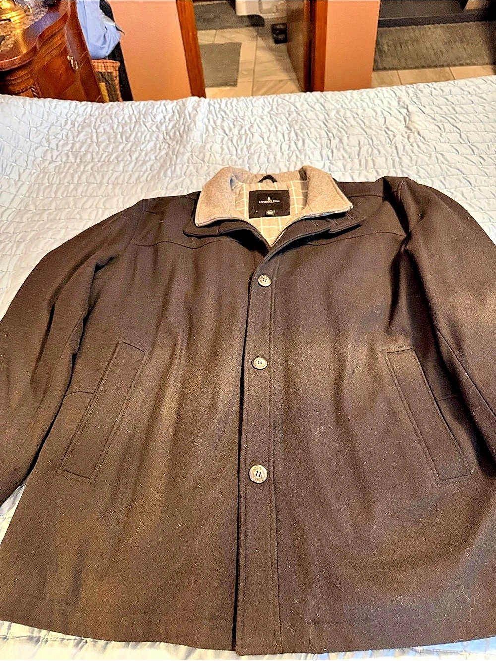London Fog Wool Blend Car Coat with Bib Plaid Brown & Gray 3XB